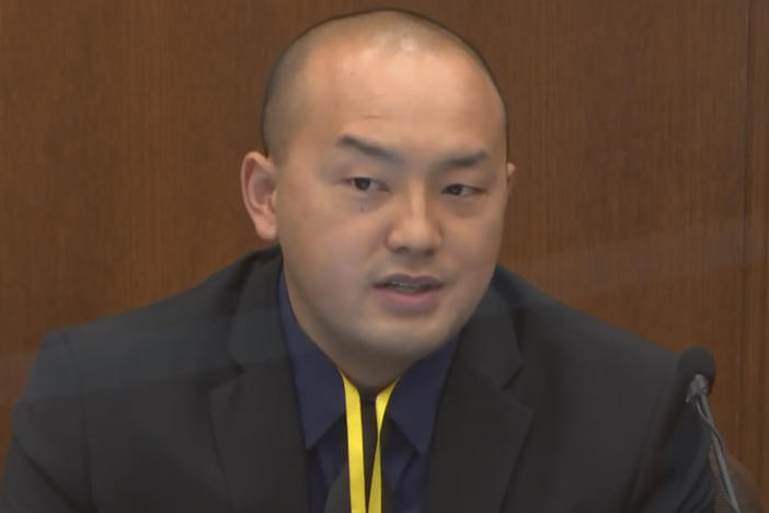 Minneapolis Park Police Officer Peter Chang testifies Tuesday in the trial of former Minneapolis police Officer Derek Chauvin. Chauvin is charged in the death of George Floyd.