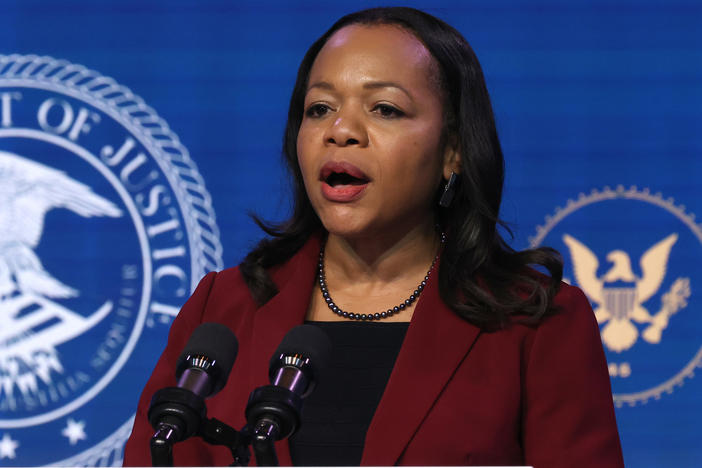Kristen Clarke delivers remarks after being nominated to be civil rights division assistant attorney general by then-President-elect Joe Biden on Jan. 7. Her confirmation hearing is on Wednesday.