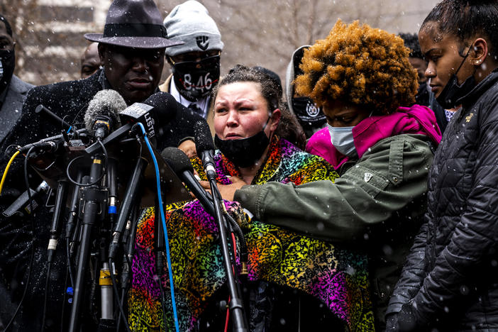 Katie Wright breaks into tears Tuesday in Minneapolis recounting her last conversation with her son, Daunte Wright. She said he called her for advice after police pulled him over. An officer shot him shortly afterward.