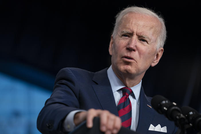 President Biden promotes his American Jobs Plan during an appearance in the South Court Auditorium on the White House campus on April 7. The sheer scale of his early agenda has drawn comparisons to the achievements of FDR and LBJ.