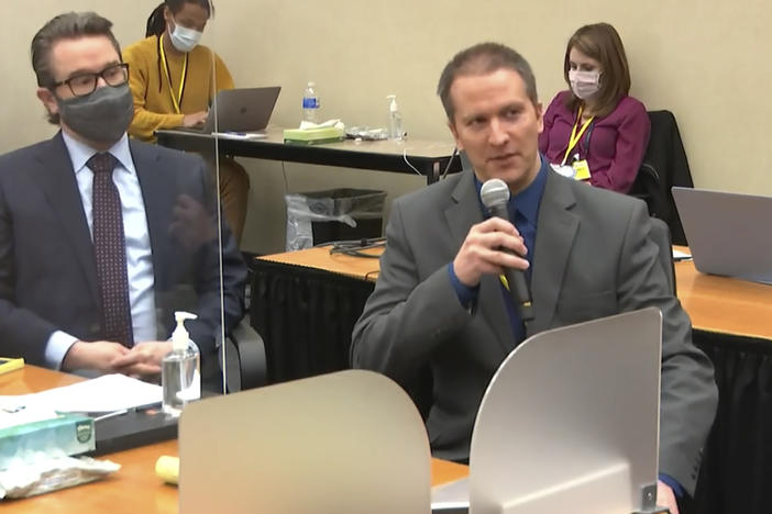 Former Minneapolis police officer Derek Chauvin tells the judge on Thursday he will not testify on his own behalf in his trial over the death of George Floyd. His attorney, Eric Nelson, is seen at left.