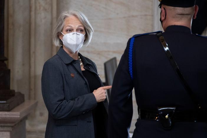 Senate Sergeant-at-Arms Karen Gibson attends the service for slain U.S. Capitol Officer William "Billy" Evans, as his remains lie in honor in the Capitol Rotunda on Tuesday.