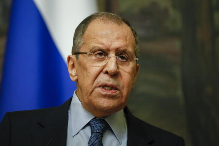 Russian Foreign Minister Sergey Lavrov addresses the media Friday in Moscow. Lavrov announced that Russia will expel 10 U.S. diplomats. The move comes after the Biden administration ordered 10 Russian diplomats to leave the U.S. a day earlier.