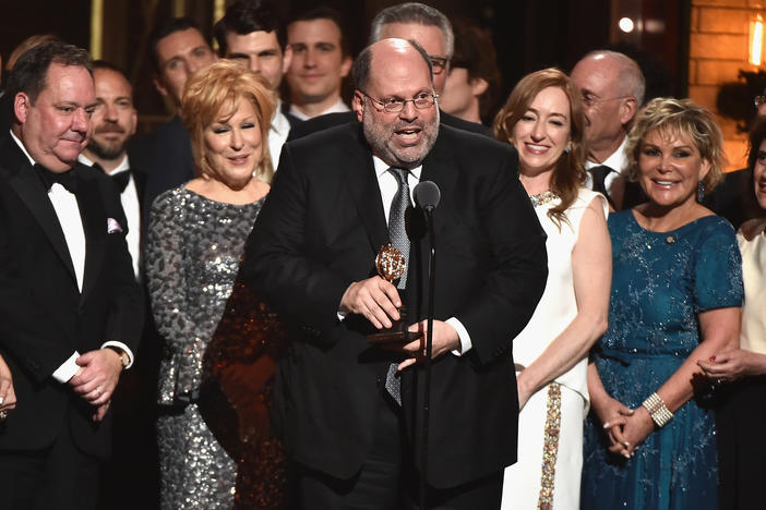 Producer Scott Rudin, center, and the cast of <em>Hello, Dolly!</em> accept the award for Best Revival of a Musical at the 2017 Tony Awards in New York City. Rudin says he's stepping back from his Broadway work.