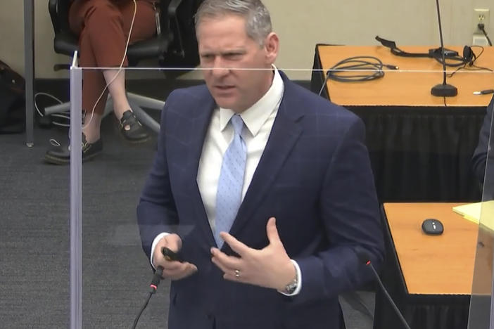 Prosecutor Steve Schleicher gives closing arguments Monday in the trial of former Minneapolis police officer Derek Chauvin.