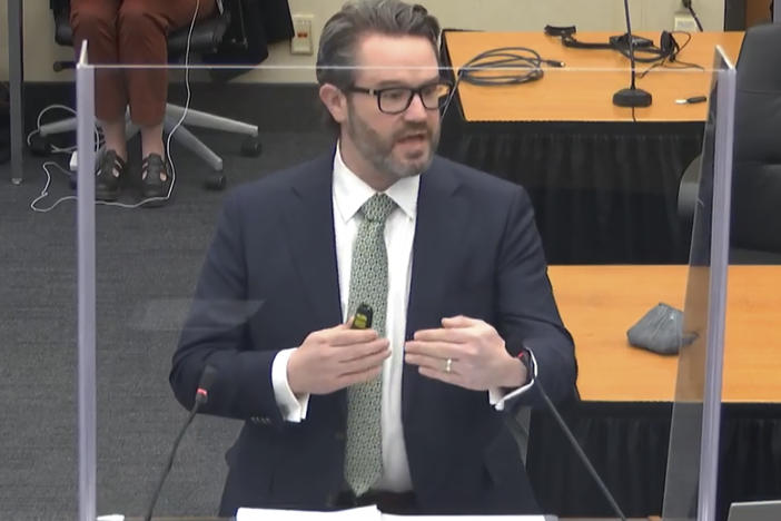 Defense attorney Eric Nelson gives his closing arguments Monday in the trial of former Minneapolis police Officer Derek Chauvin.
