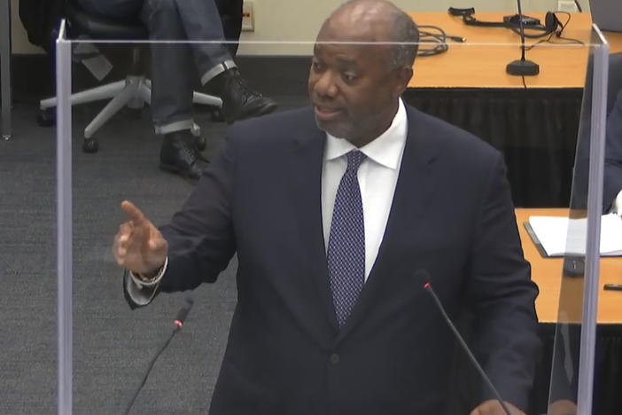 Prosecutor Jerry Blackwell gives the state's rebuttal Monday during closing arguments to the jury in the trial of Derek Chauvin in the death of George Floyd in Minneapolis.