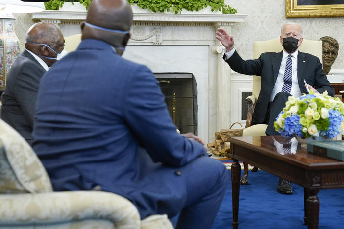 President Biden meets with members of the Congressional Black Caucus in the Oval Office of the White House on April 13.