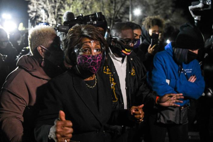 "We've got to get more confrontational, we've got to make sure that they know we mean business," Rep. Maxine Waters said during a protest at the Brooklyn Center Police Department on Saturday.