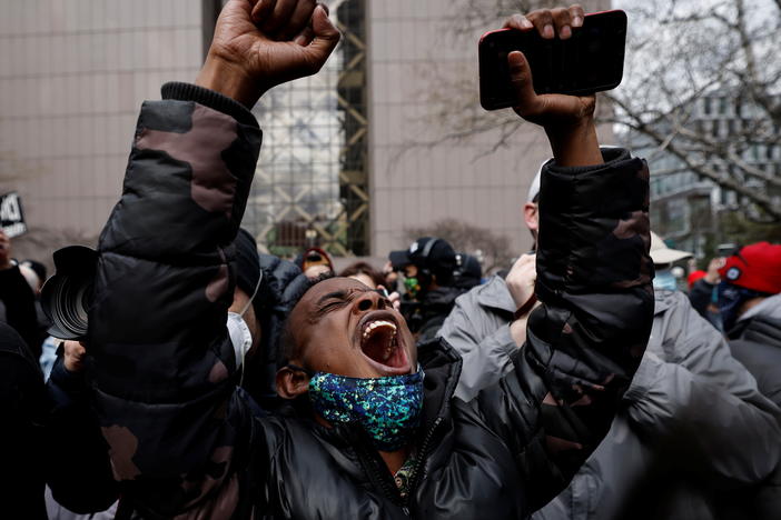 Crowds erupted in celebration in front of the Hennepin County Government Center in Minneapolis after Derek Chauvin was found guilty on all counts.