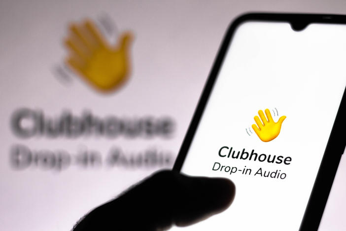 In this photo illustration, the Clubhouse logo is displayed on a smartphone screen. Most Iranians don't have iPhones but an unofficial, Android-friendly version is growing popular in the country.