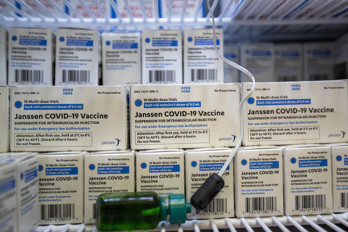 Boxes containing the Johnson & Johnson COVID-19 vaccine, developed by the company's Janssen Pharmaceuticals unit, are shown at a vaccination center in Los Angeles last week.