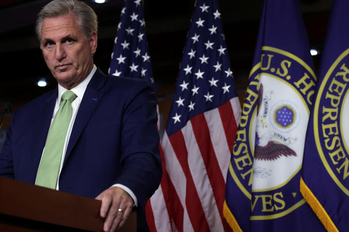 House Minority Leader Kevin McCarthy, here during a news conference Thursday, brought a motion to censure Rep. Maxine Waters, D-Calif., over comments she made at a protest last weekend.
