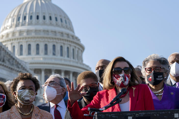 House Speaker Nancy Pelosi speaks alongside members of the Congressional Black Caucus on Tuesday following the verdict against former Minneapolis police officer Derek Chauvin for the murder of George Floyd.