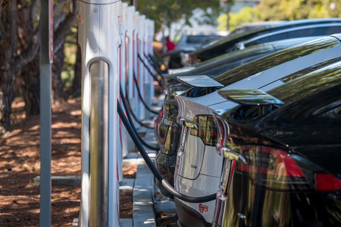 Electric vehicles at a charging station last year in San Mateo, Calif. The governors of 12 states, including California, have called on President Biden to order that all cars and light trucks sold in the U.S. after 2035 be zero-emission vehicles.