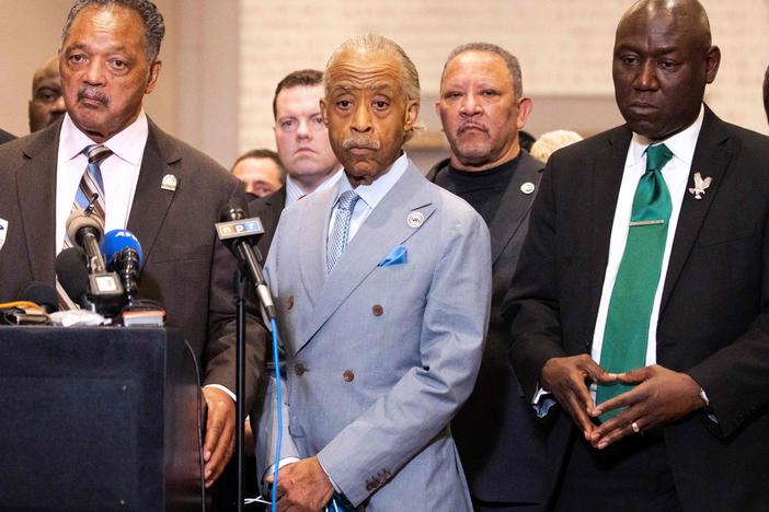 The Revs. Jesse Jackson (left) and Al Sharpton (center) and attorney Ben Crump during a press conference Tuesday following the verdict in the murder trial of former police officer Derek Chauvin in Minneapolis.