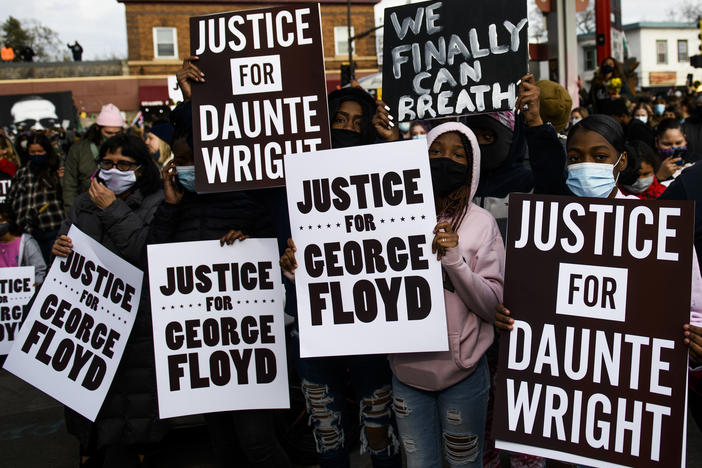 People celebrate at George Floyd Square in Minneapolis after the guilty verdict in the Derek Chauvin murder trial on Tuesday.