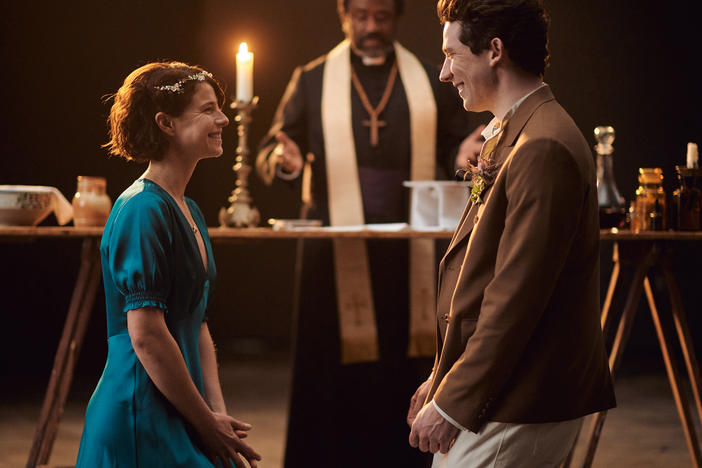 Jessie Buckley and Josh O'Connor as Romeo and Juliet, and Lucian Msamati as Friar Laurence, in the new <em>Romeo & Juliet </em>on PBS's <em>Great Performances</em>.
