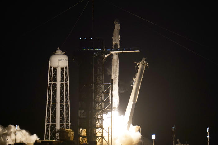 A SpaceX Falcon 9 rocket with the Crew Dragon space capsule lifts off from Pad 39A at Kennedy Space Center in Cape Canaveral, Fla., on Friday.
