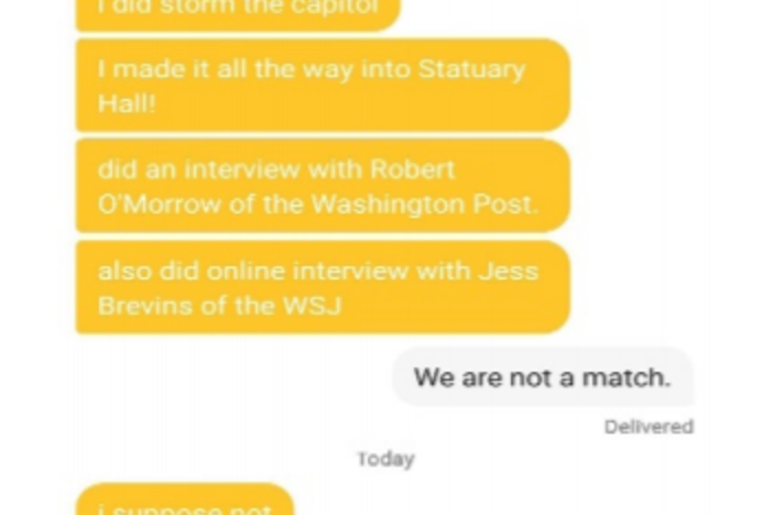 In a court filing, federal prosecutors say suspect Robert Chapman told a Bumble user about his alleged involvement in the Capitol insurrection.