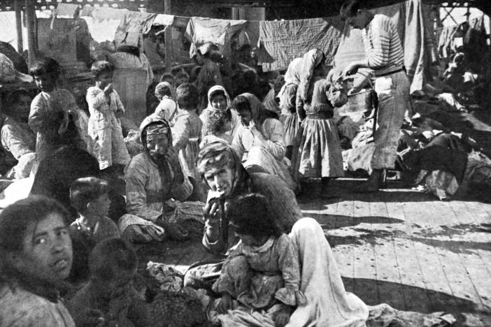 Armenian refugees on the deck of a French cruiser that rescued them in 1915 during the massacre of the Armenian populations in the Ottoman Empire.
