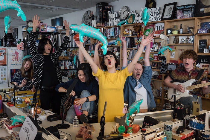 Superorganism performs a Tiny Desk concert on April 3, 2018 (Jenna Sterner/NPR).