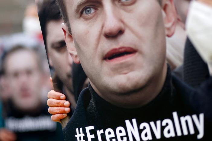 Activists from Amnesty International demonstrate Saturday outside the Russian Embassy in Berlin, calling for the release of Kremlin critic Alexei Navalny. On Monday, a Russian court ordered the temporary suspension of Navalny's political network.