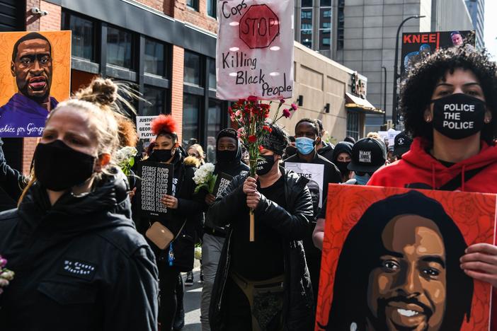 Demonstrators in Minneapolis ahead of the trial of former police officer Derek Chauvin, who has since been convicted of murdering George Floyd.