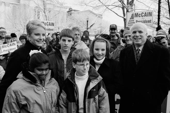 John McCain attends a rally in the park on Jan. 31, 2000 in Keene, NH, with his family (from left to right) daughter Bridget (8), wife Cindy, sons Jack (13) and Jimmy (10), and daughter Meghan (15).