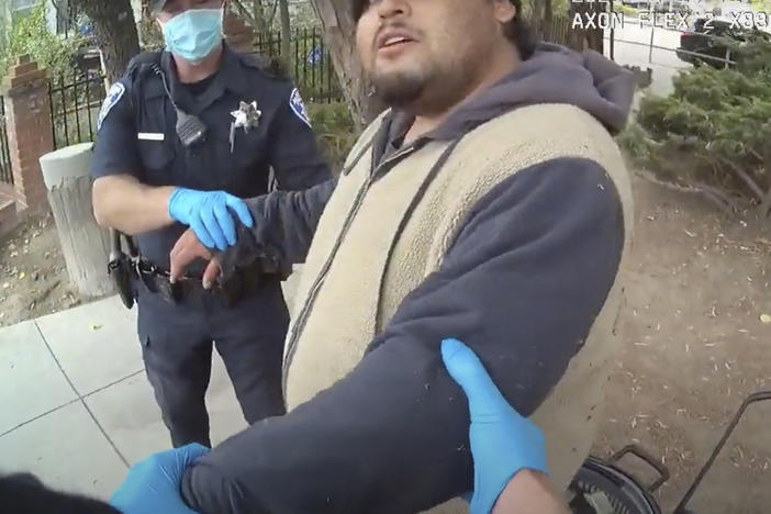 A screenshot of the Alameda Police Department body camera footage shows officers detaining Mario Gonzalez, 26, on April 19. Gonzalez died soon after.