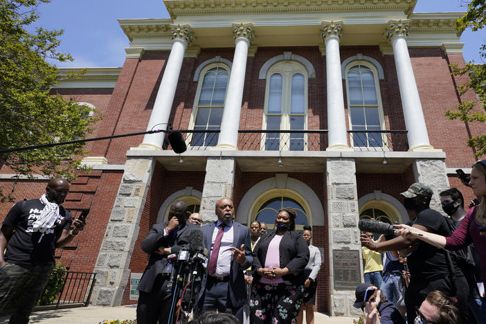 Attorneys for the family of Andrew Brown Jr. speak after a judge denied their request to immediately release body cam videos to the public of the fatal shooting of Brown in Elizabeth City, N.C.