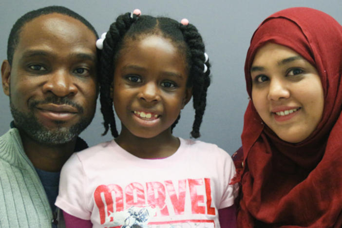 Rich Jean; his daughter, Abigail Jean; and librarian Hasina Islam at StoryCorps in Brooklyn, N.Y., in 2016.