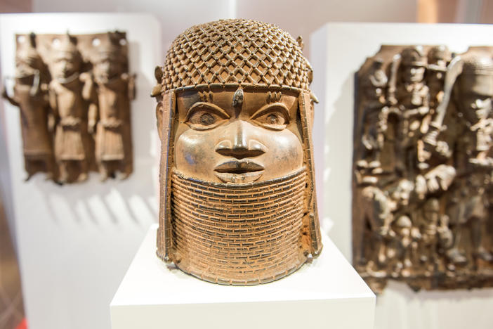 Benin Bronze artifacts on display in the Museum für Kunst und Gewerbe in Hamburg, Germany. An international consortium is working on repatriating artifacts which were looted in the late 19th century.