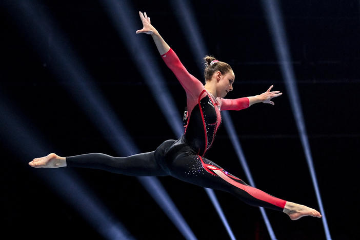 Germany's Sarah Voss competes in the women's beam qualifications during the European Artistic Gymnastics Championships in Basel, Switzerland, on April 21. She was one of three German female gymnasts at the European championships who grabbed headlines for wearing unitards rather than leotards.