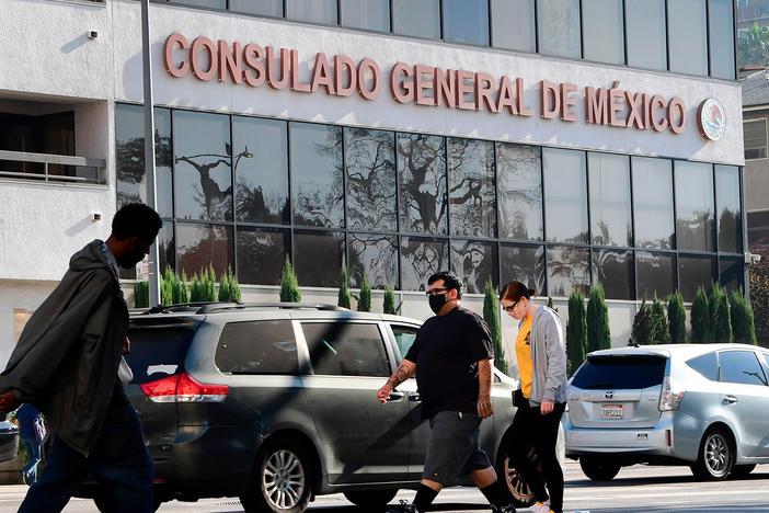 Pedestrians walk past Mexico's Consulate General in Los Angeles in October, shortly after ex-Mexican Defense Secretary Salvador Cienfuegos Zepeda's arrest at Los Angeles International Airport at the DEA's request. Charges were later dropped.