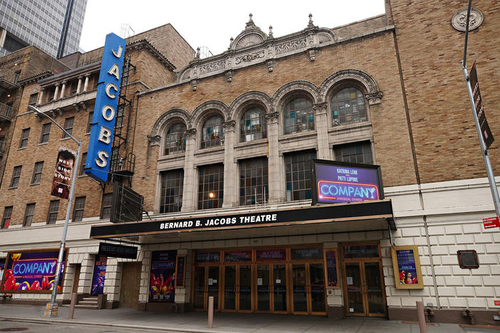 New York Gov. Andrew Cuomo announced Monday that Broadway could reopen in May. Above, the Bernard B. Jacobs Theatre near Times Square on Jan. 15.