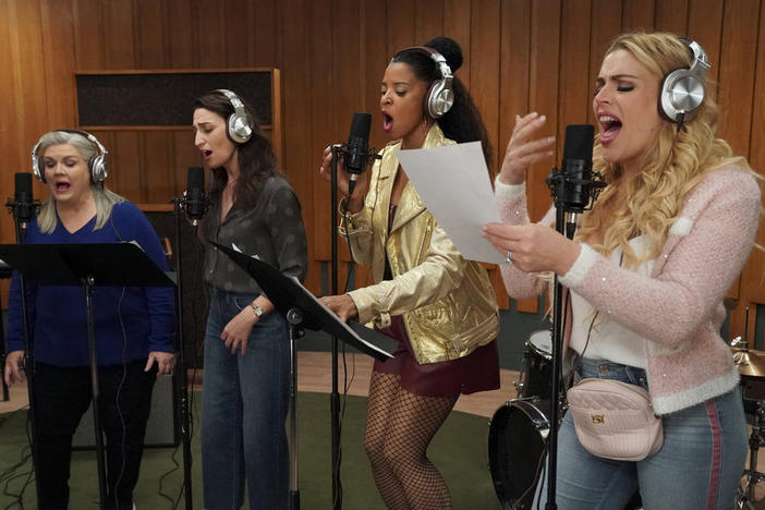 The ladies of <em>Girls5eva</em>: Gloria (Paula Pell), Dawn (Sara Bareilles), Wickie (Renée Elise Goldsberry), and Summer (Busy Philipps).