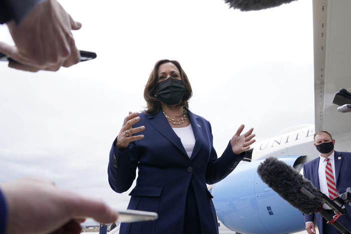 Vice President Harris talks to reporters Tuesday as she leaves Milwaukee, a stop on her tour to promote President Biden's $2 trillion infrastructure proposal, which includes expanded broadband.