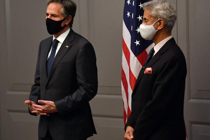 Secretary of State Antony Blinken attends a news conference with India's Foreign Minister Subrahmanyam Jaishankar following a bilateral meeting in London on Monday during the G-7 foreign ministers meeting.