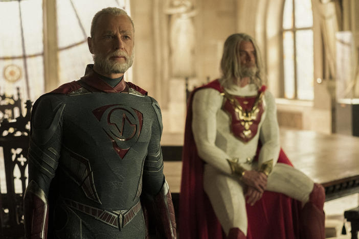 L to R: Walter/Brainwave (Ben Daniels) and Sheldon/The Utopian (Josh Duhamel) agree to table their discussion in Netflix's <em>Jupiter's Legacy</em>.