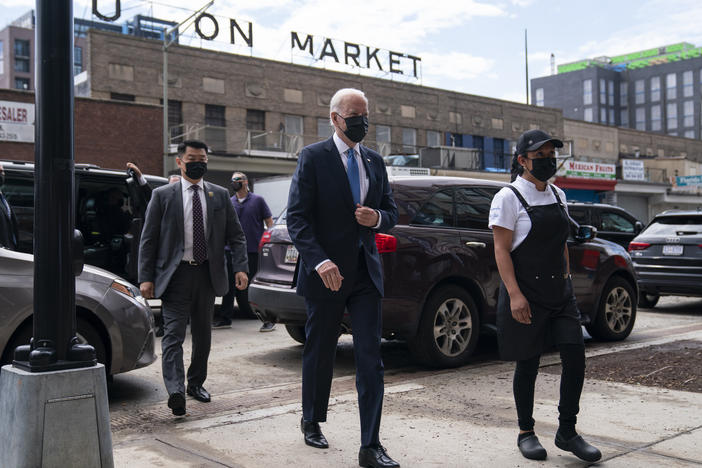 President Biden arrives for a visit to Taqueria Las Gemelas restaurant in Washington as part of the opening of the Restaurant Revitalization Fund, an coronavirus relief effort that opened this week.