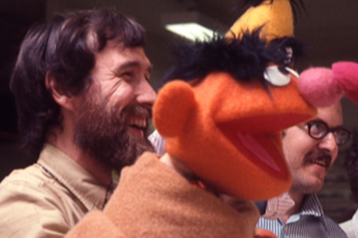 Jim Henson, the puppeteer behind Ernie, and Frank Oz, the longtime voice of Bert, on the set of <em>Sesame Street</em>.