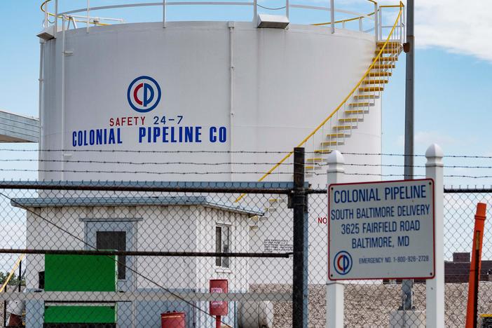 Fuel tanks are seen at a Colonial Pipeline Co. delivery point Monday in Baltimore. The company's pipeline was hit with a major ransomware attack last week.