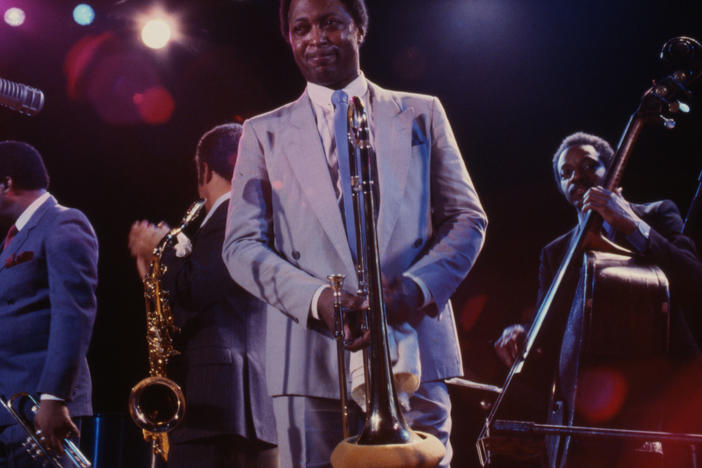 From left, trumpet player Freddie Hubbard, saxophonist Johnny Griffin, Curtis Fuller and bassist Reggie Workman, on stage at Town Hall in New York on Feb. 22, 1985.