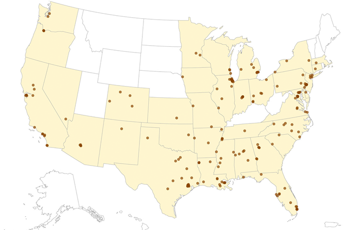 Map of mass shootings in the United States in 2021 as of May 9