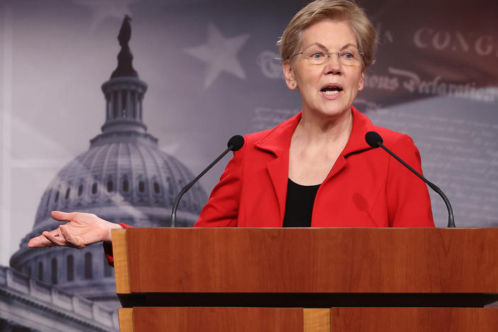 Sen. Elizabeth Warren holds a news conference in March. She and Sen. Bernie Sanders are leading the push to introduce a bill Tuesday that would make pandemic-related food benefits for college students permanent and create grants for colleges to address hunger.