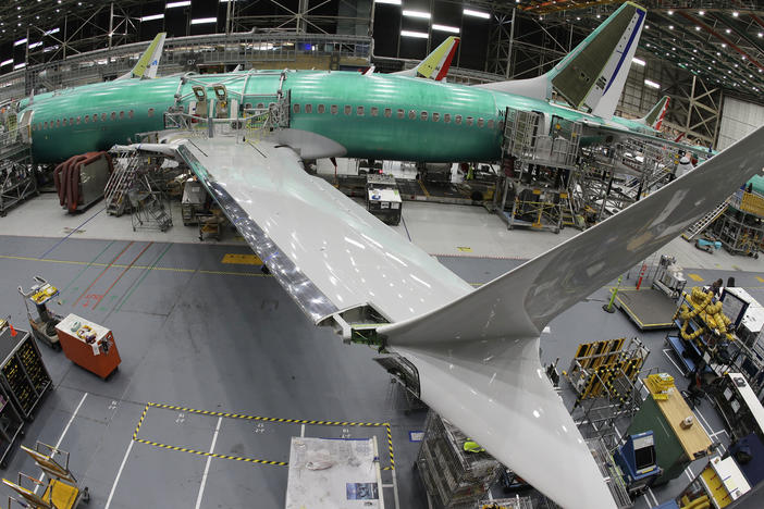 A Boeing 737 MAX 8 airplane sits on the assembly line at Boeing's 737 assembly facility in 2019.