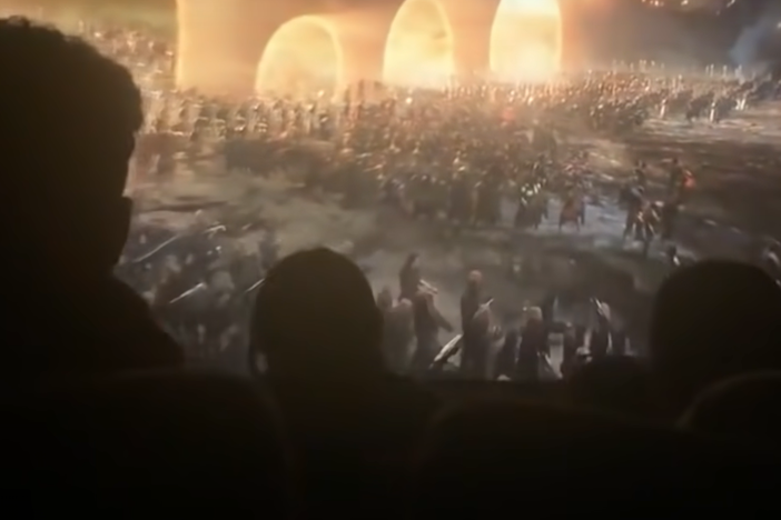 Theater patrons cheering at the climax of an <em>Avengers Endgame</em> screening —  a moment of shared excitement experienced by many millions of movie patrons worldwide — is part of the sell Marvel is offering as it welcomes audiences back to cinemas, as seen in this screenshot.