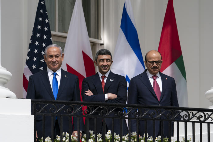 Israeli Prime Minister Benjamin Netanyahu (left), United Arab Emirates Foreign Minister Abdullah bin Zayed al-Nahyan (center) and Bahrain Foreign Minister Khalid bin Ahmed Al Khalifa during the Abraham Accords signing ceremony in September.