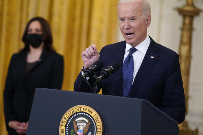 President Biden speaks about the economy at the White House Monday. The Biden administration is arguing that higher-than-expected inflation is temporary.